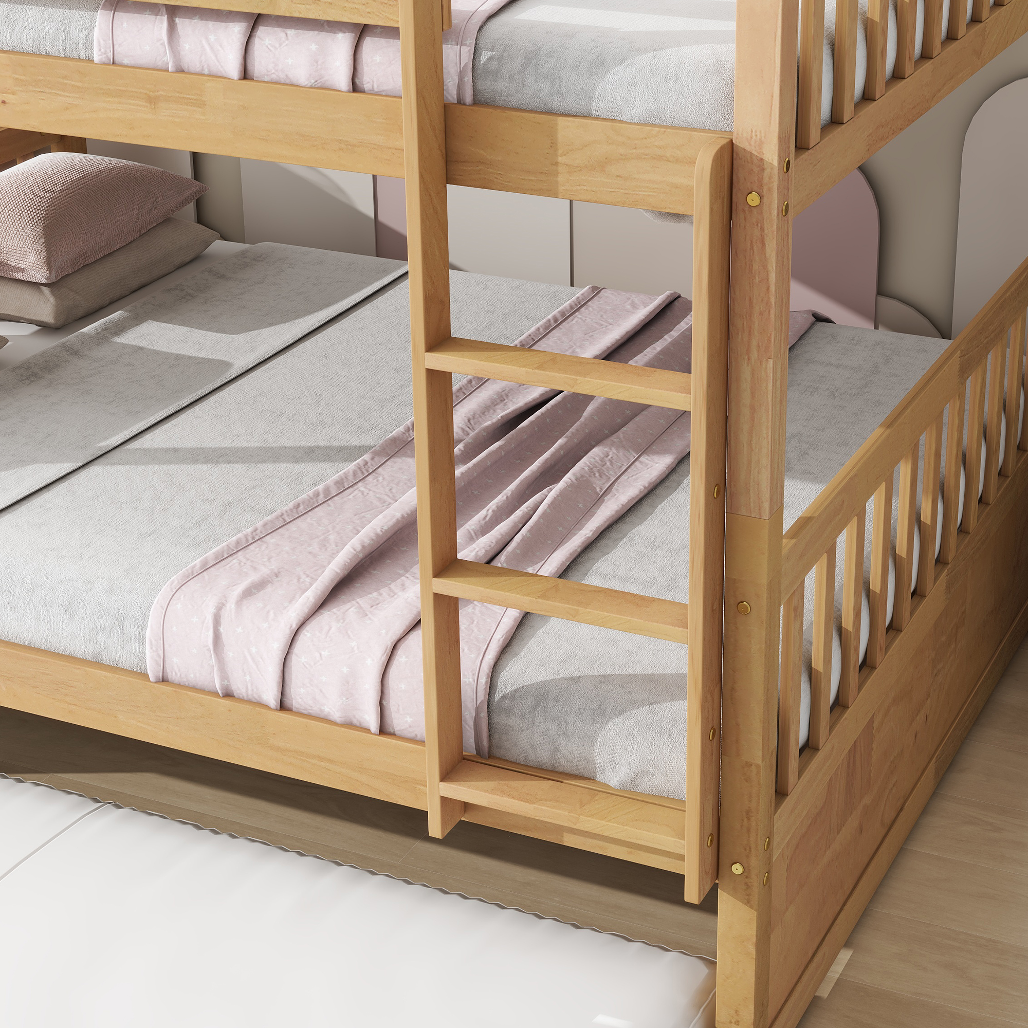 Full Over Full Rubber Wood Bunk Bed with Trundle, Ladder and Guardrails 15 Full Over Full Rubber Wood Bunk Bed with Trundle, Ladder and Guardrails