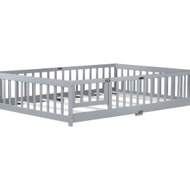 Rubber Wood Full Size Floor Bed With Fence, Door,  and Guardrails
