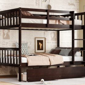 Twin Over Twin Rubber Wood Bunk Bed With 2 Drawers, Ladder And Safety Guardrails 45 Twin Over Twin Rubber Wood Bunk Bed With 2 Drawers, Ladder And Safety Guardrails