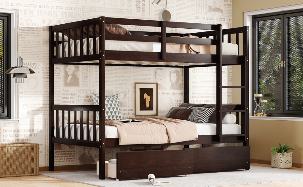 Twin Over Twin Rubber Wood Bunk Bed With 2 Drawers, Ladder And Safety Guardrails 18 Twin Over Twin Rubber Wood Bunk Bed With 2 Drawers, Ladder And Safety Guardrails