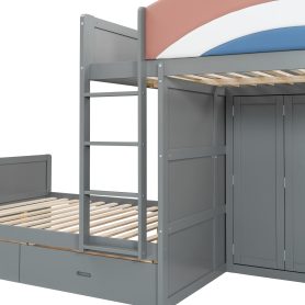 Full Size Offset Bunk Bed with Wardrobe & Drawers, Upholstered Guardrail, Built-in Hanging Rod