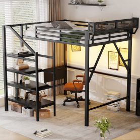 Metal Full Size Loft Bed With Foldable Desk,Light Strip, Staircase Storage And Charging Station
