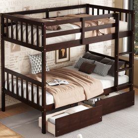 Twin Over Twin Rubber Wood Bunk Bed With 2 Drawers, Ladder And Safety Guardrails 46 Twin Over Twin Rubber Wood Bunk Bed With 2 Drawers, Ladder And Safety Guardrails