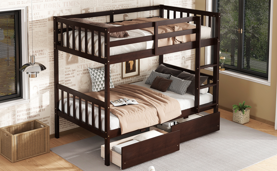Twin Over Twin Rubber Wood Bunk Bed With 2 Drawers, Ladder And Safety Guardrails 19 Twin Over Twin Rubber Wood Bunk Bed With 2 Drawers, Ladder And Safety Guardrails