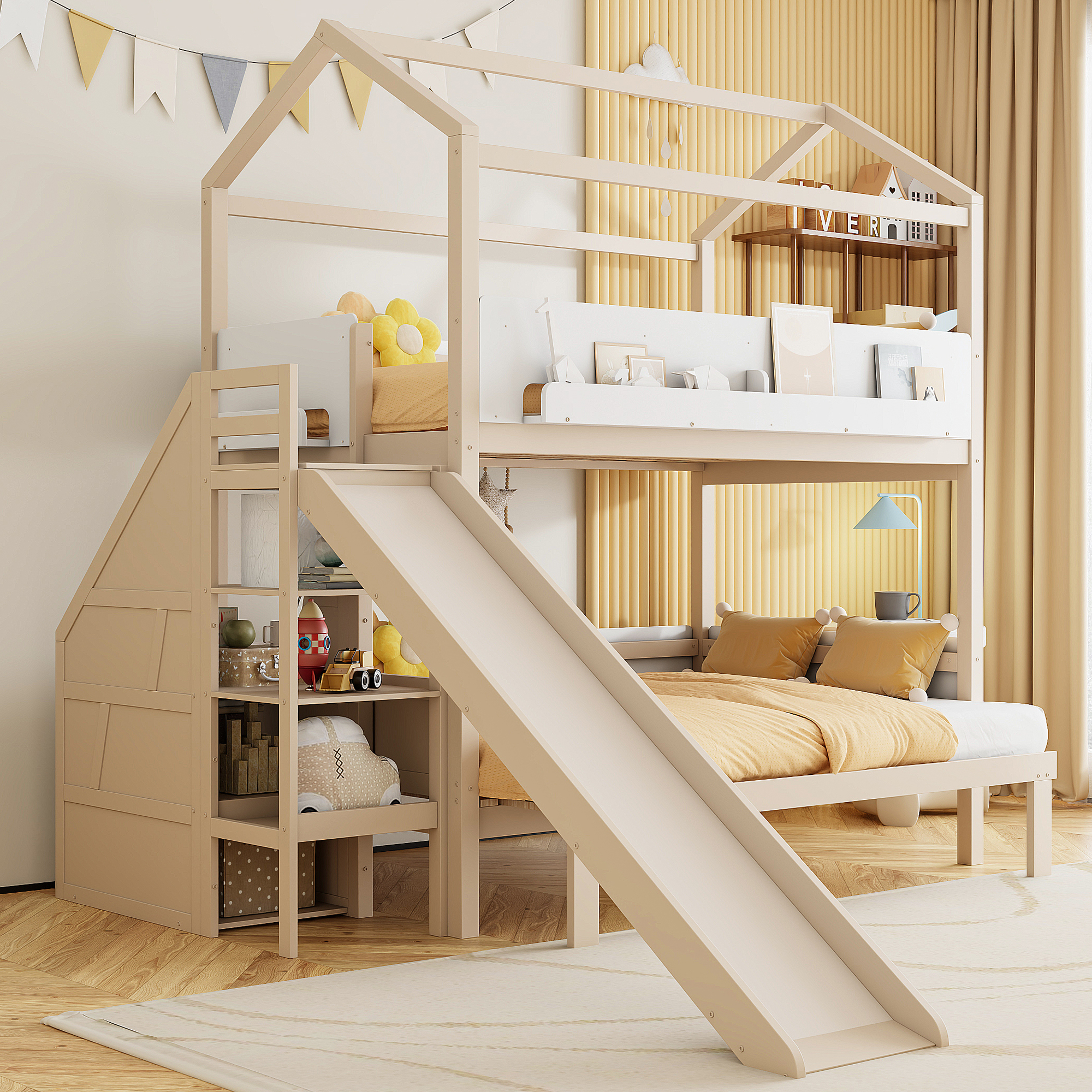 House-Shaped Wooden Bunk Bed with Slide & Storage Staircase