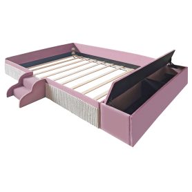 Full Size Velvet Upholstered Daybed with Stairs & Gas Lift Storage Ottoman, Contrast Color, Padded Guardrails