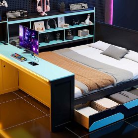 Queen Size Gaming Daybed with Integrated Desk and Lights
