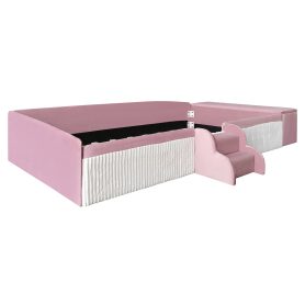 Twin Size Velvet Upholstered Daybed with Stairs & Gas Lift Storage Ottoman, Contrast Color, Padded Guardrails