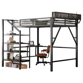Metal Queen Size Loft Bed With Foldable Desk,Light Strip, Staircase Storage And Charging Station