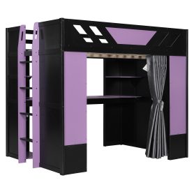 Full Size Wood Loft Bed with Shelves, Blackout Curtains and RGB Lights