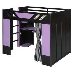 Full Size Wood Loft Bed with Shelves, Blackout Curtains and RGB Lights