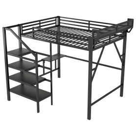 Metal Queen Size Loft Bed With Foldable Desk,Light Strip, Staircase Storage And Charging Station