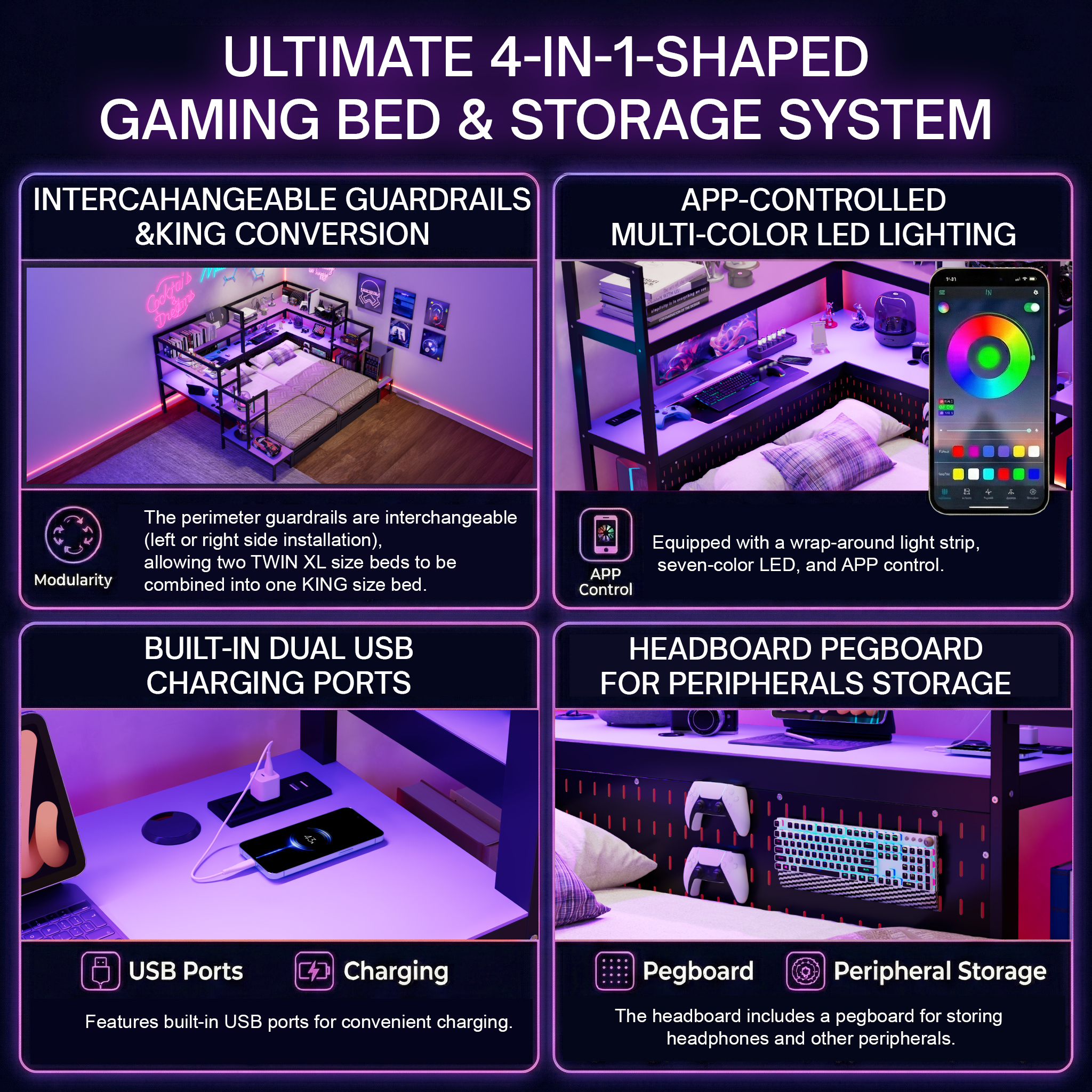 Twin Size Gaming Daybed with Integrated Desk and LED Light 25 Twin Size Gaming Daybed with Integrated Desk and LED Light