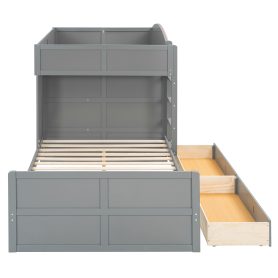 Full Size Offset Bunk Bed with Wardrobe & Drawers, Upholstered Guardrail, Built-in Hanging Rod