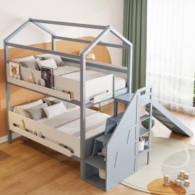 House-Shaped Wooden Bunk Bed with Slide & Storage Staircase