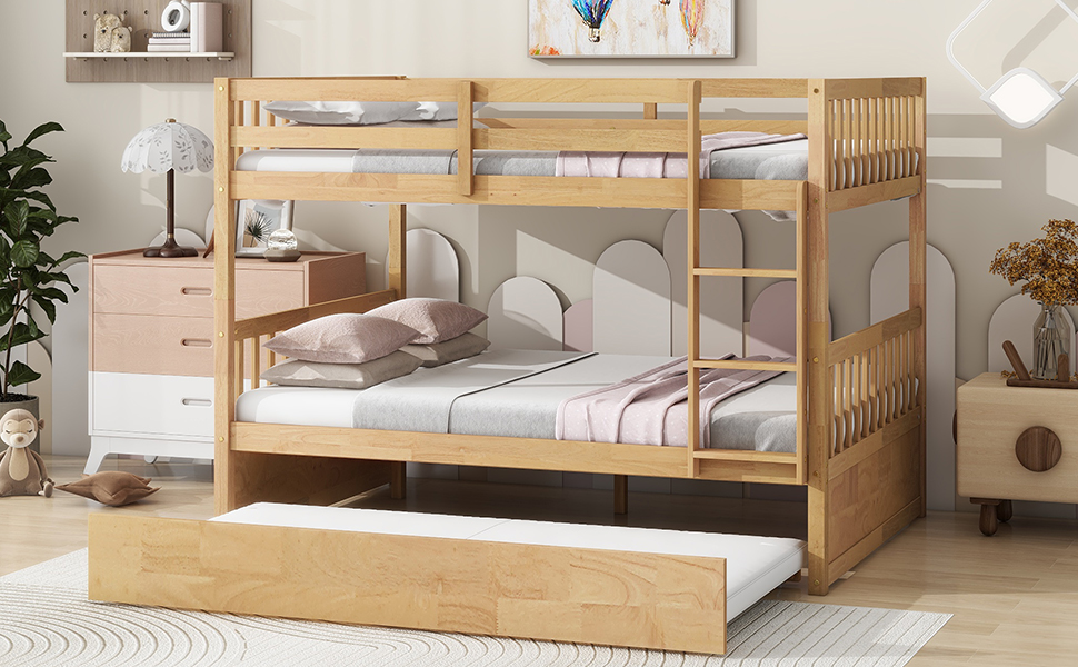 Full Over Full Rubber Wood Bunk Bed with Trundle, Ladder and Guardrails 16 Full Over Full Rubber Wood Bunk Bed with Trundle, Ladder and Guardrails