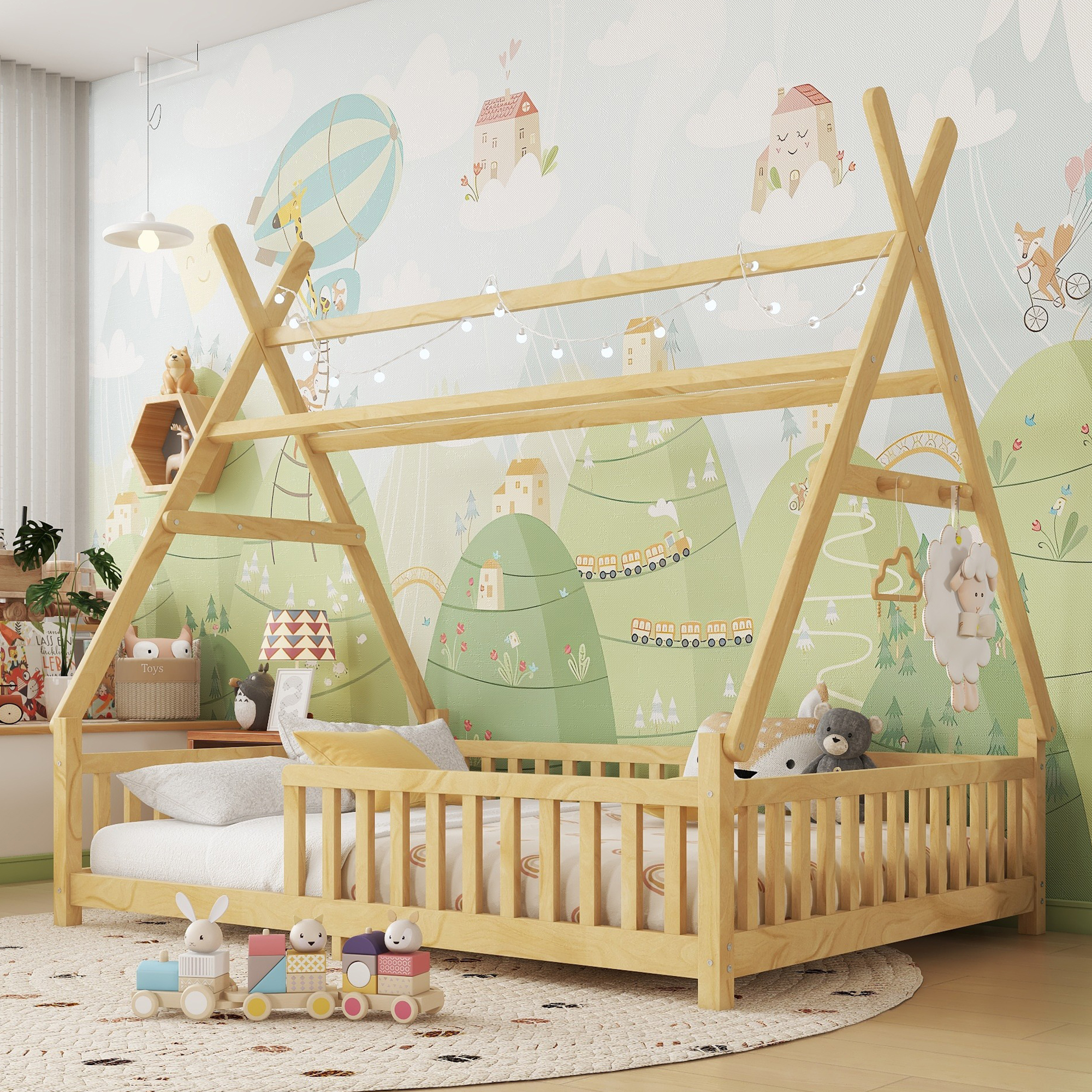 Full Low Floor House Bed With Fence And Roof 3 Full Low Floor House Bed With Fence And Roof