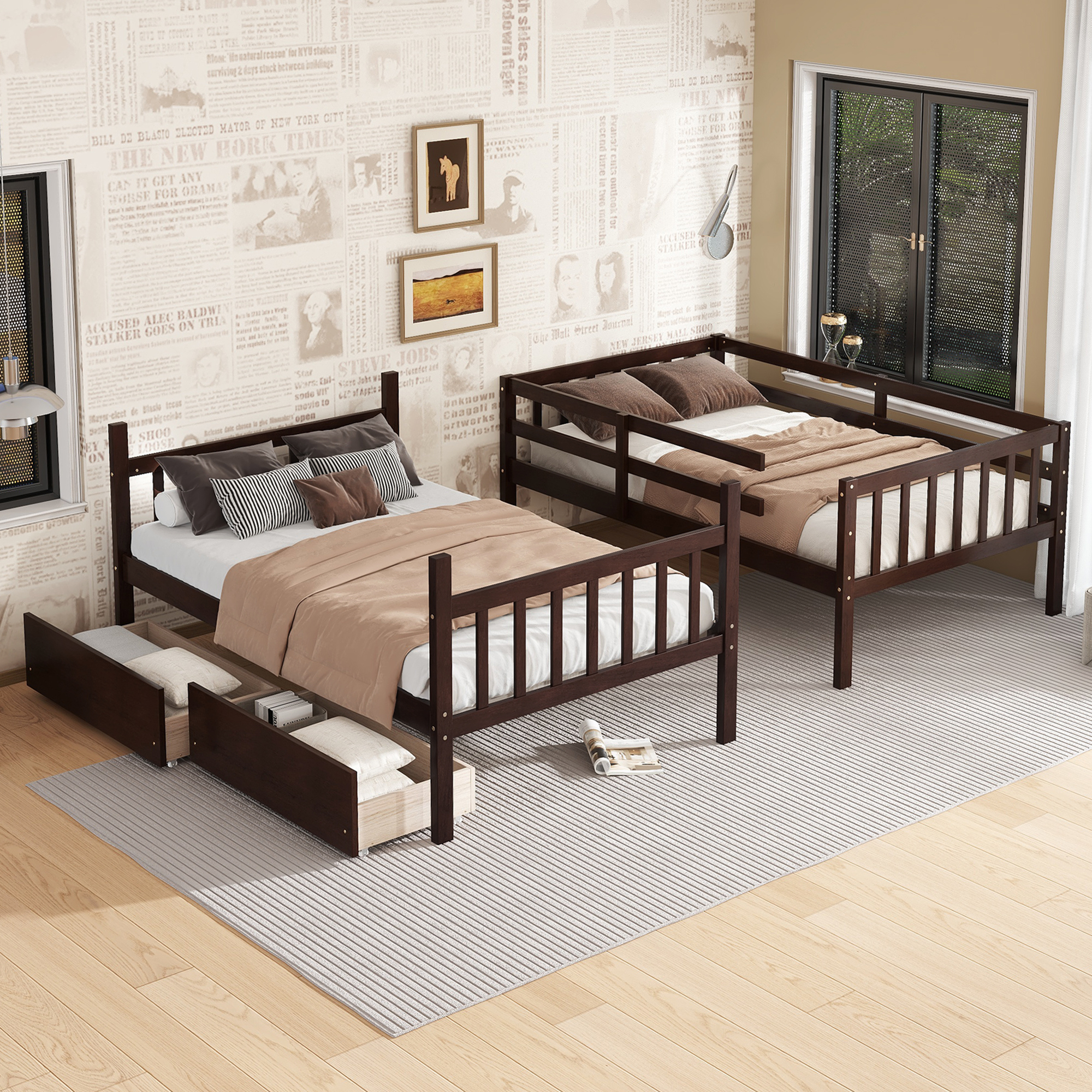 Twin Over Twin Rubber Wood Bunk Bed With 2 Drawers, Ladder And Safety Guardrails 12 Twin Over Twin Rubber Wood Bunk Bed With 2 Drawers, Ladder And Safety Guardrails