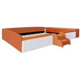 Queen Size Velvet Upholstered Daybed with Stairs & Gas Lift Storage Ottoman, Contrast Color, Padded Guardrails