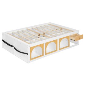 Full Size Wooden Platform Bed with Bookshelf, Display Cabinet, LED Light and Drawer