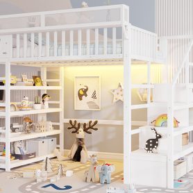 Metal Full Loft Bed with 4 Shelf Storage Rack and Charging Station