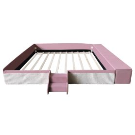 King Size Velvet Upholstered Daybed with Stairs & Gas Lift Storage Ottoman, Contrast Color, Padded Guardrails