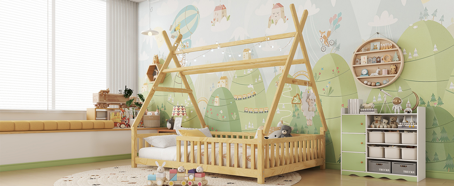 Full Low Floor House Bed With Fence And Roof 23 Full Low Floor House Bed With Fence And Roof