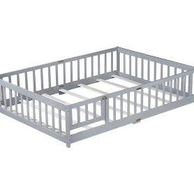 Rubber Wood Full Size Floor Bed With Fence, Door,  and Guardrails