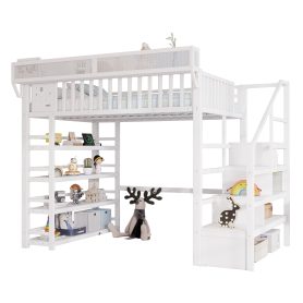 Metal Full Loft Bed with 4 Shelf Storage Rack and Charging Station