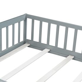 Rubber Wood Full Size Floor Bed With Fence, Door,  and Guardrails