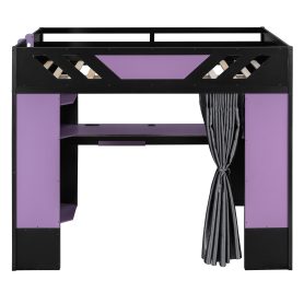 Full Size Wood Loft Bed with Shelves, Blackout Curtains and RGB Lights