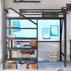 Metal Full Size Loft Bed With Foldable Desk,Light Strip, Staircase Storage And Charging Station