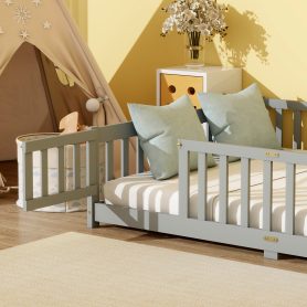 Rubber Wood Full Size Floor Bed With Fence, Door,  and Guardrails