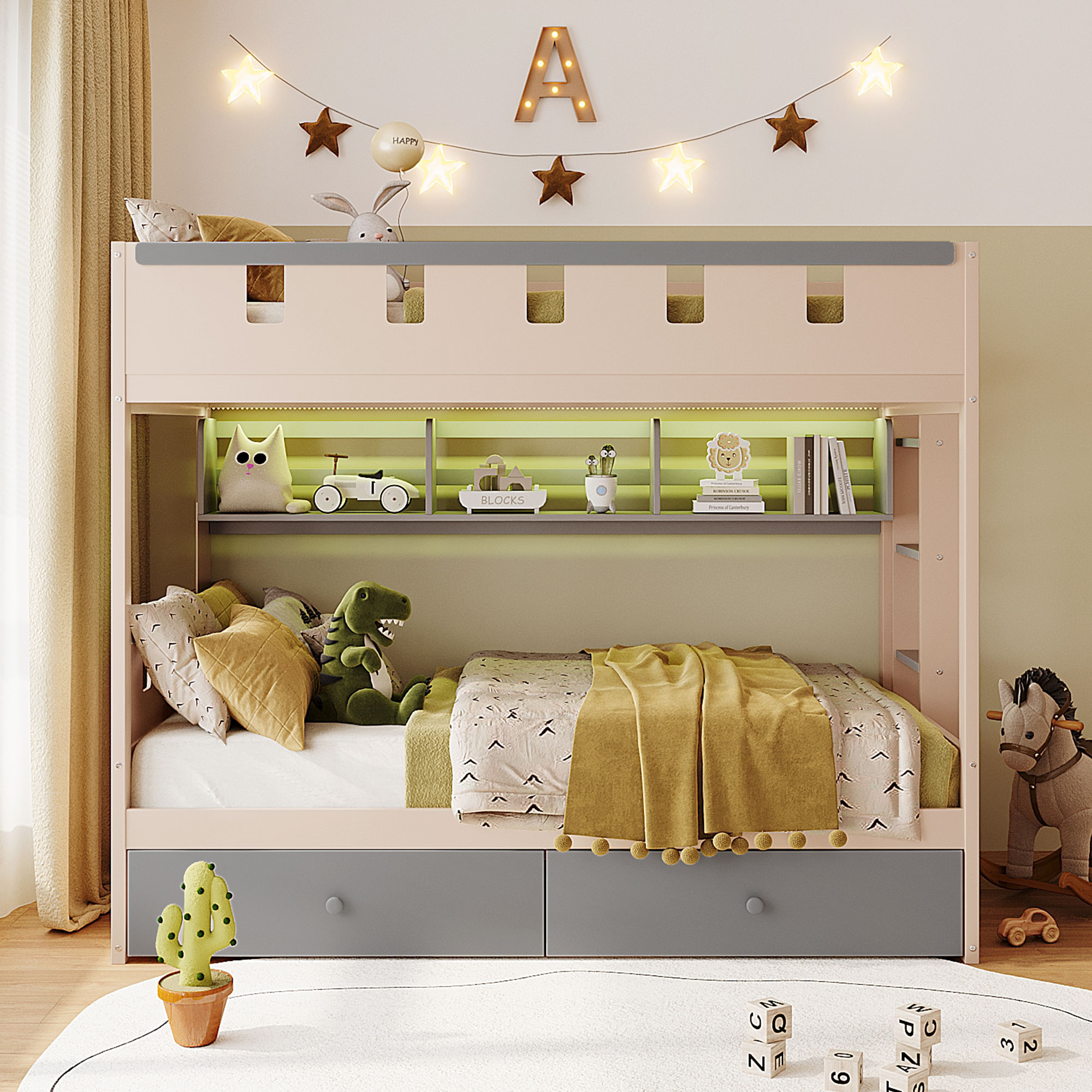 Twin Size Castle Style Bunk Bed with 2 Drawers, Shelf and LED Light
