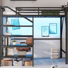 Metal Queen Size Loft Bed With Foldable Desk,Light Strip, Staircase Storage And Charging Station
