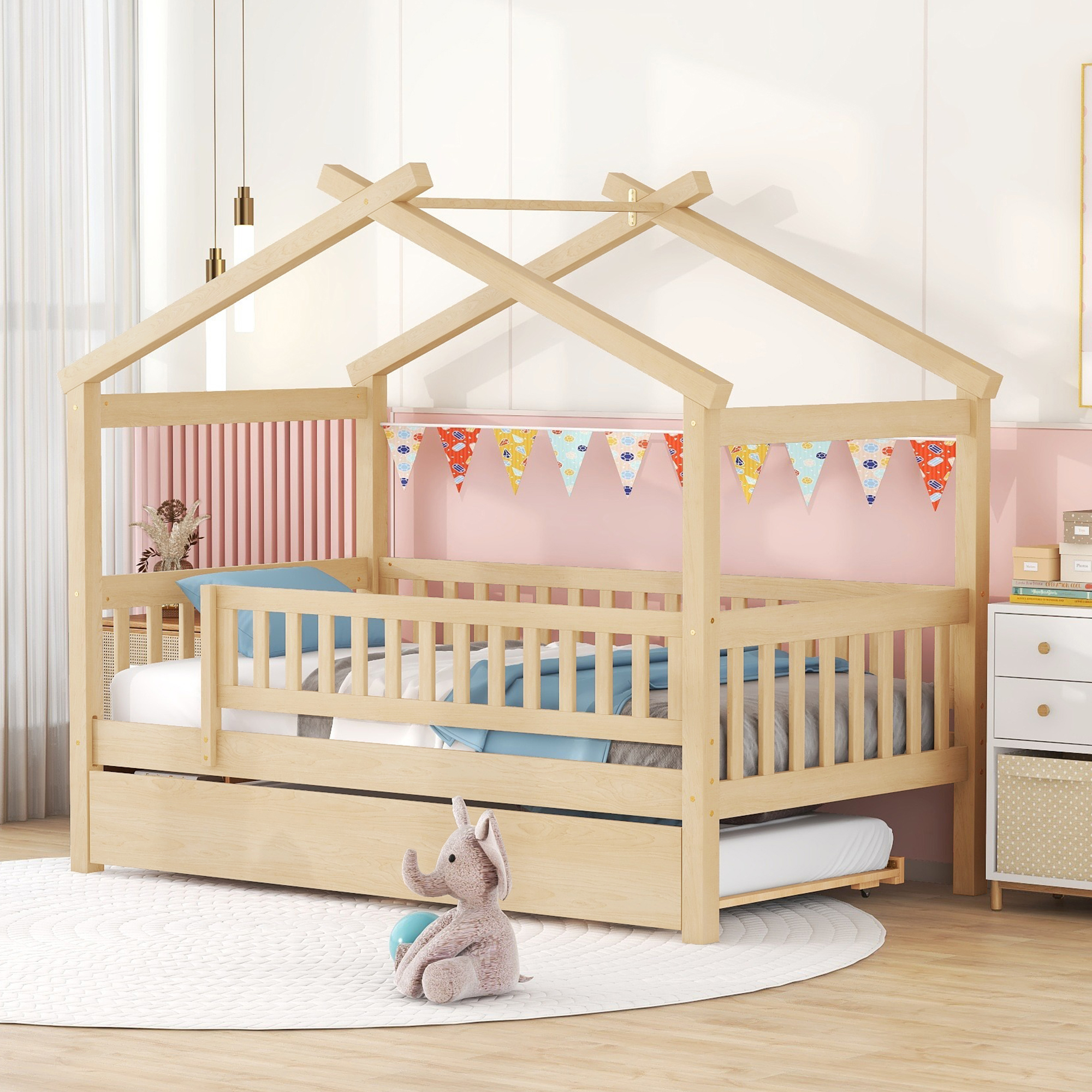 Wooden Twin Size House Bed With Twin Size Trundle