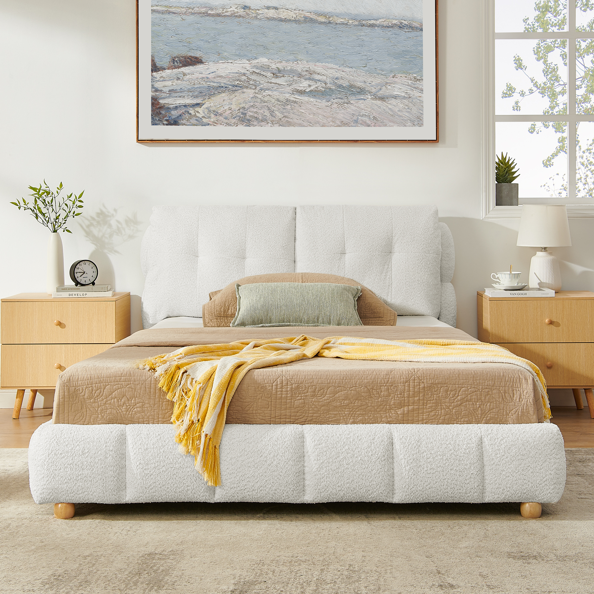 Queen Cream Style Bouclé Fabric Platform Bed 5 Queen Cream Style Bouclé Fabric Platform Bed