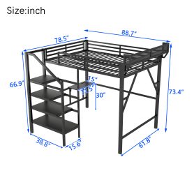 Metal Queen Size Loft Bed With Foldable Desk,Light Strip, Staircase Storage And Charging Station