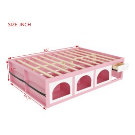 Queen Size Wooden Platform Bed with Bookshelf, Display Cabinet, LED Light and Drawer