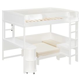 Full Size Wood Loft Bed with Desk, Bedside Storage Shelf, Sofa and Light