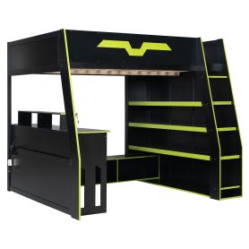 Full Size Wood Loft Bed with Desk, Multi-Storage Shelves and RGB Light