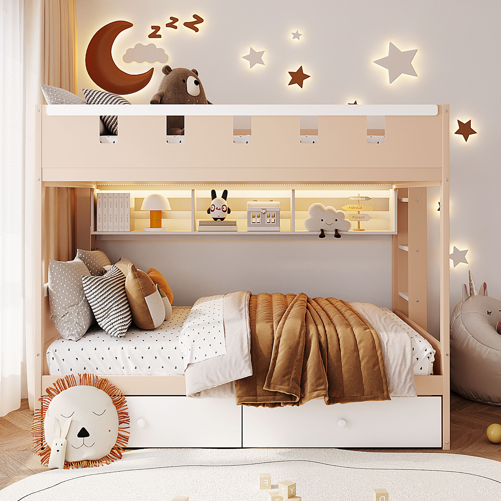 Full Size Castle Style Bunk Bed with 2 Drawers, Shelf and LED Light