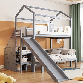 House-Shaped Wooden Bunk Bed with Slide & Storage Staircase
