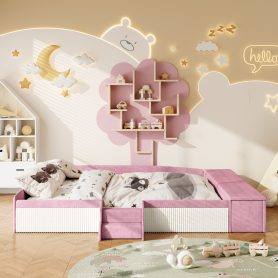 King Size Velvet Upholstered Daybed with Stairs & Gas Lift Storage Ottoman, Contrast Color, Padded Guardrails