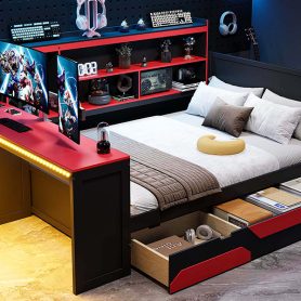 Full Size Gaming Daybed with Integrated Desk and Lights 55 Full Size Gaming Daybed with Integrated Desk and Lights