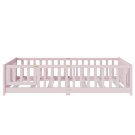 Twin Size Floor Bed with Fence, Door and Safety Guardrails