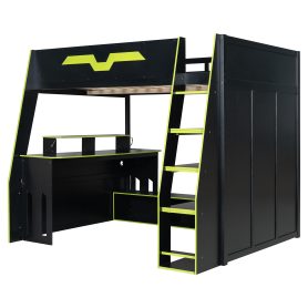 Full Size Wood Loft Bed with Desk, Multi-Storage Shelves and RGB Light