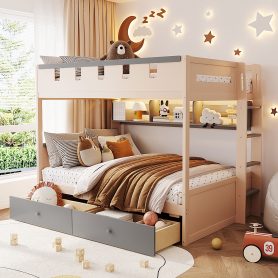 Full Size Castle Style Bunk Bed with 2 Drawers, Shelf and LED Light
