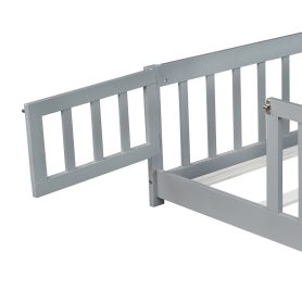 Rubber Wood Full Size Floor Bed With Fence, Door,  and Guardrails