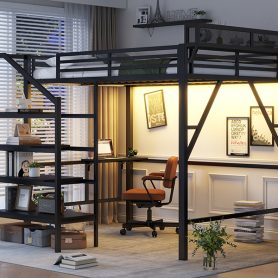 Metal Queen Size Loft Bed With Foldable Desk,Light Strip, Staircase Storage And Charging Station